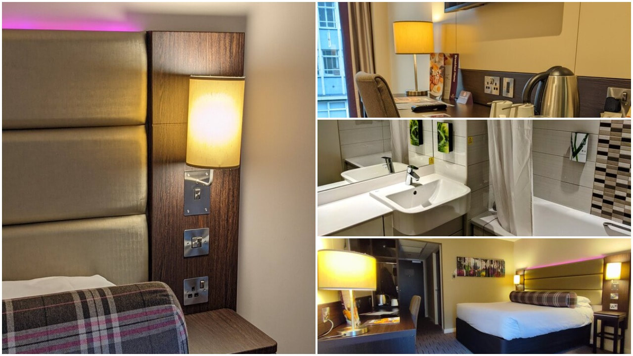 Premier Inn Twin Room features, bedside table, desk, ensuite bathroom, beds.